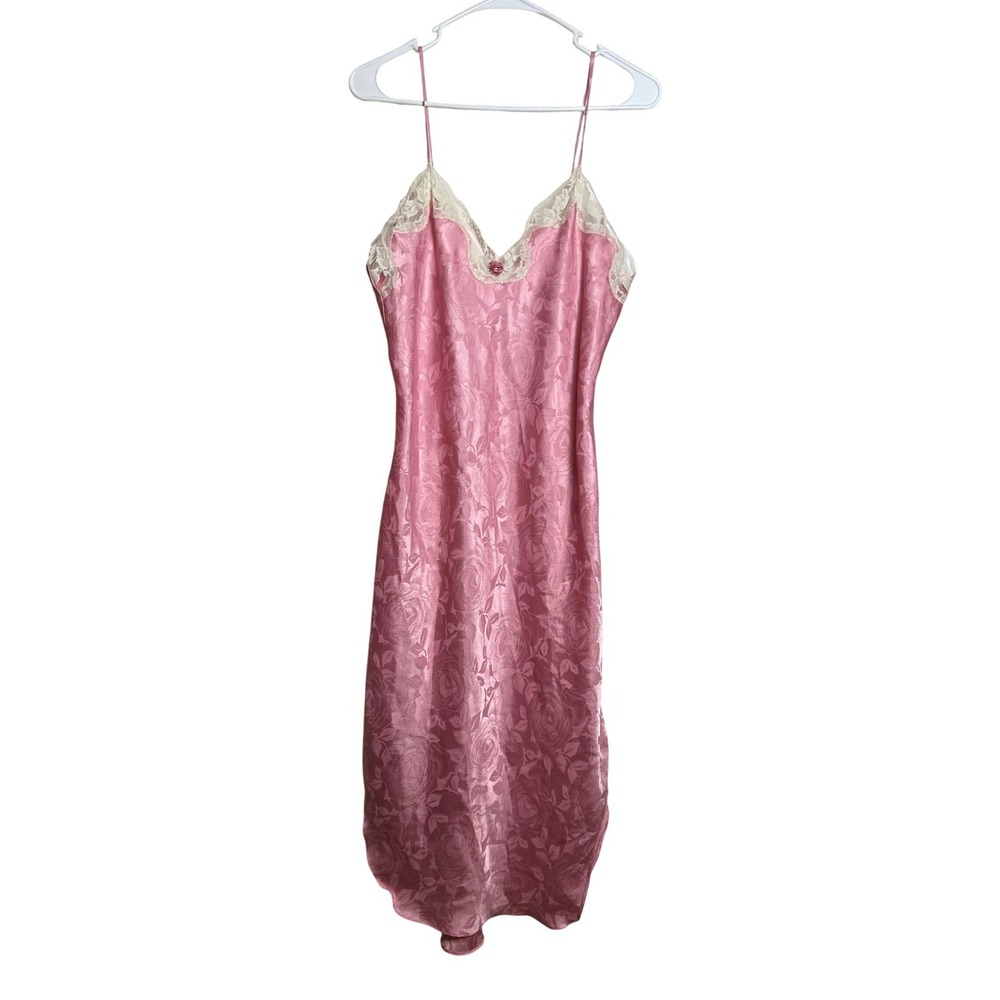 VTG Pink Rose Jacquard Satin Midi Nightgown Lace Trim Rosette M Coquette Chic